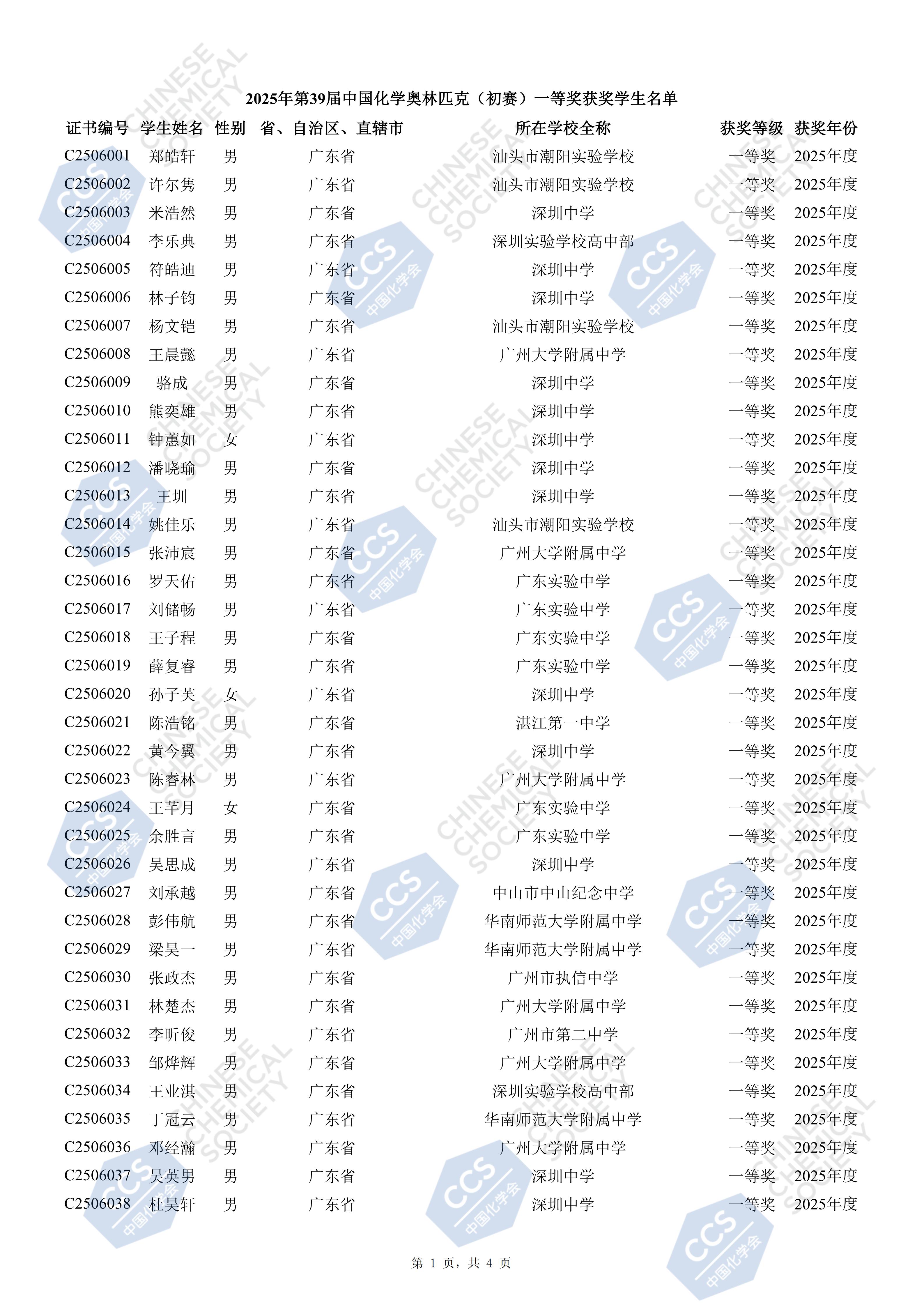 广东省2025年中学生化学竞赛初赛省一等奖获奖名单
